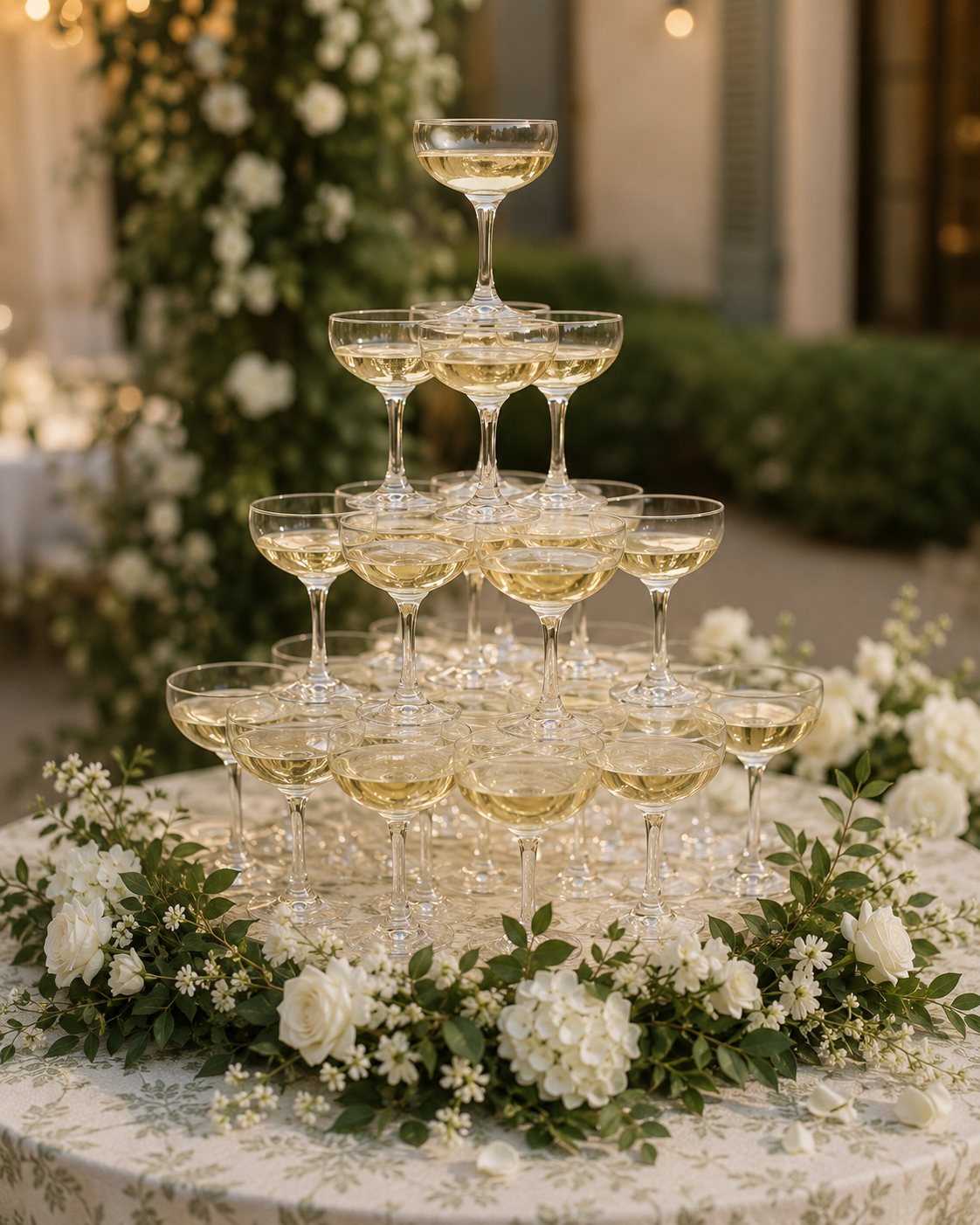 A pyramid of champagne glasses filled with champagne, decorated with white flowers and greenery on a table outdoors during evening.