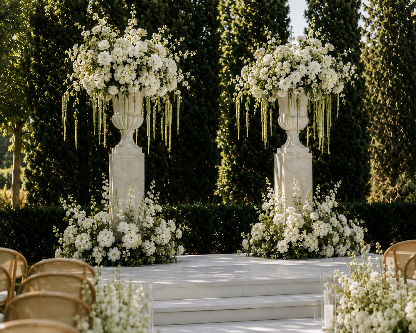 Tall white floral arrangements framing an elegant outdoor garden wedding ceremony.