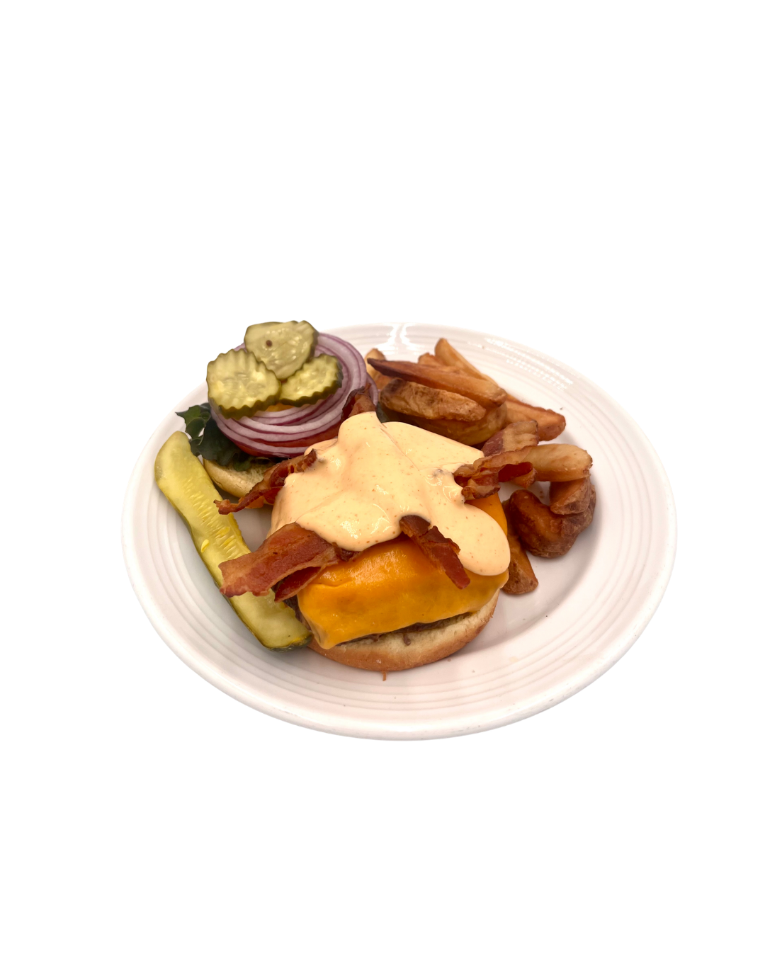 An open burger with cheese and bacon on it and a dripping sauce. Pickles, onions, lettuce and fries sit on a white plate with it at Franklins Restaurant and Brewery in Hyattsville