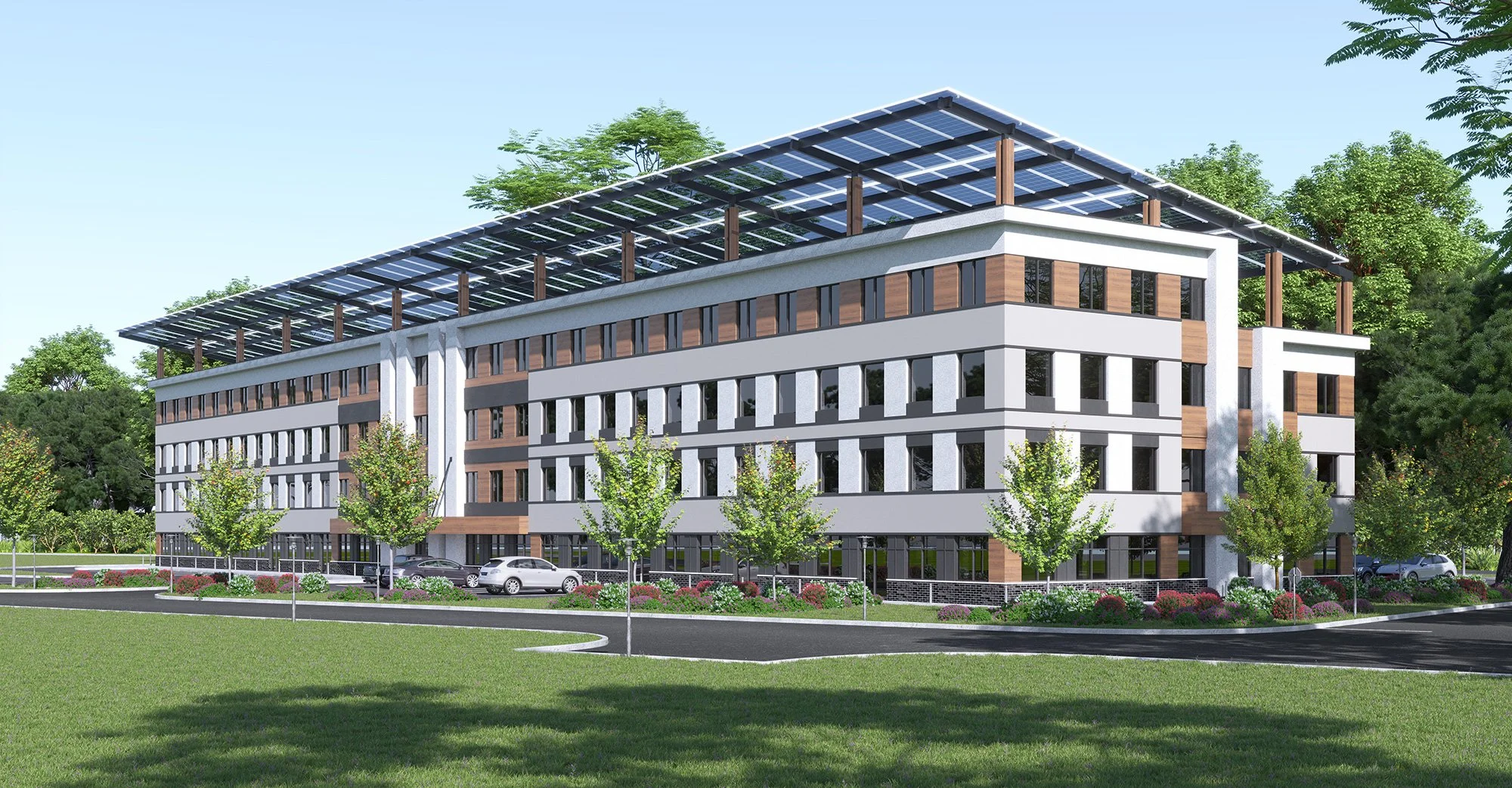Architectural rendering of a modern four-story office building with solar panels on the roof, surrounded by trees, parking lot, and landscaped greenery.