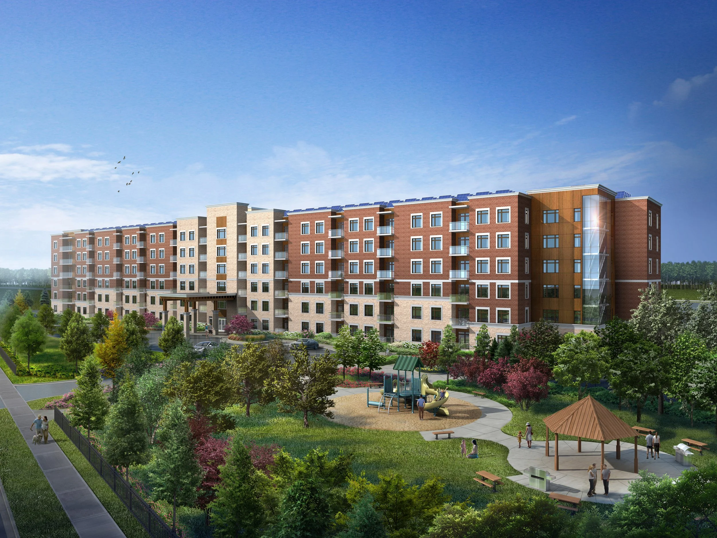 Rendering of a modern apartment complex with brick and wood facade, surrounded by a landscaped garden with trees, pathways, a playground, and a gazebo under a blue sky.