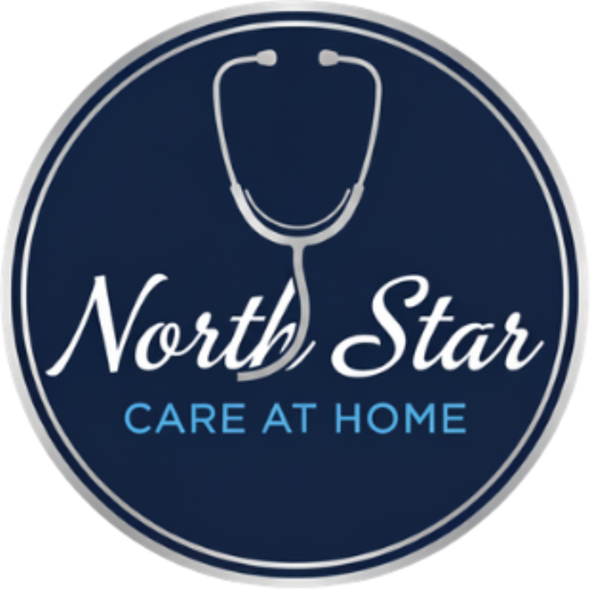 A circular logo with a stethoscope graphic at the top. Text reads "North Star" in script font and "Care at Home" in smaller blue letters below. The background is navy blue.