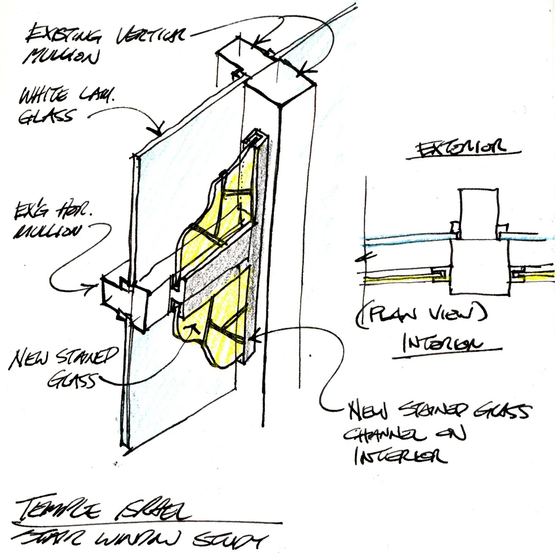 Hand-drawn sketch of a new stained-glass panel installation annotated with 'new stained glass,' and notes about glazing and insulation. The sketch appears to illustrate architectural details of a construction or renovation project.
