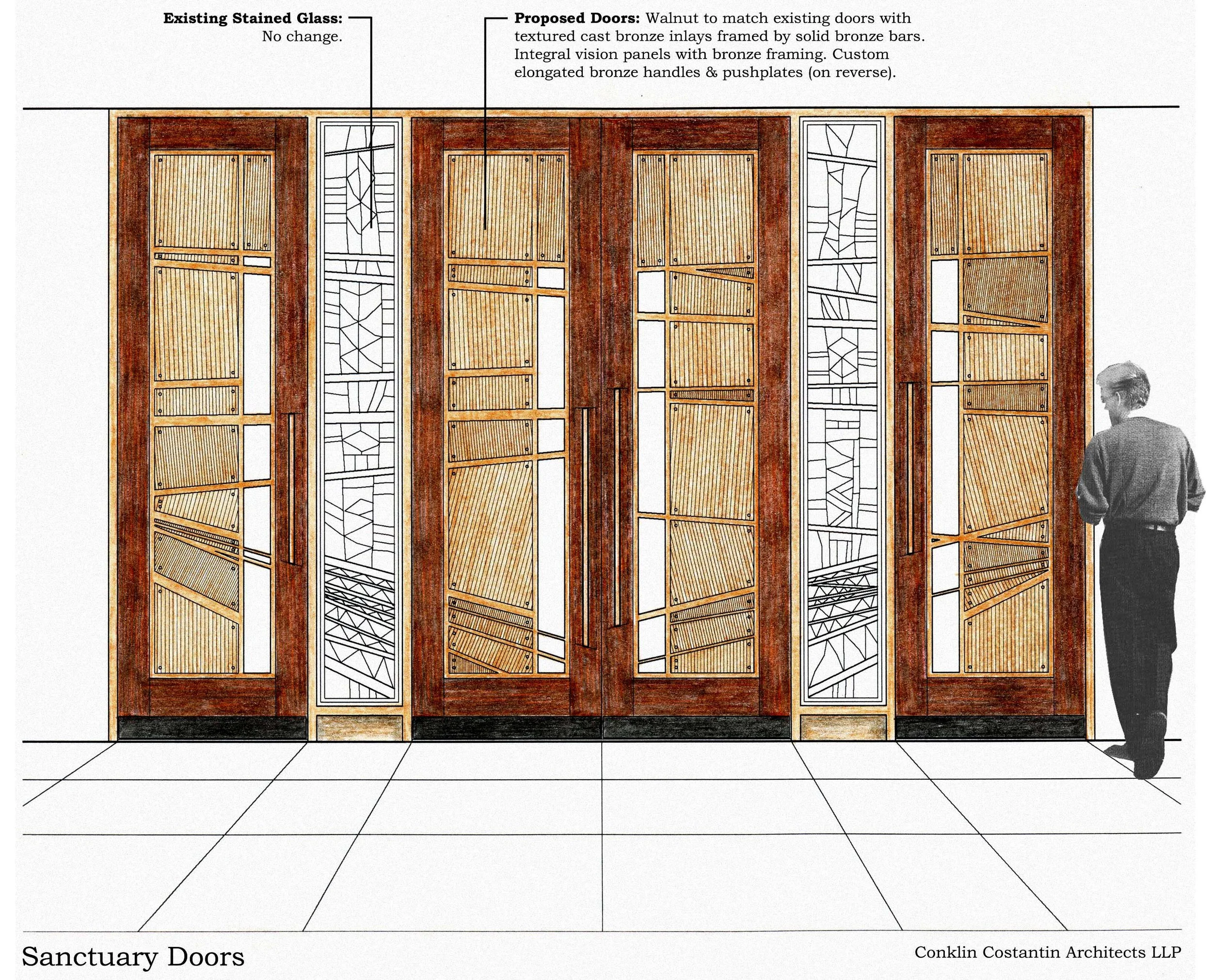 A sketch design for the sanctuary entrance doors featuring an abstract bronze motif that relates to the existing stained-glass portals.
