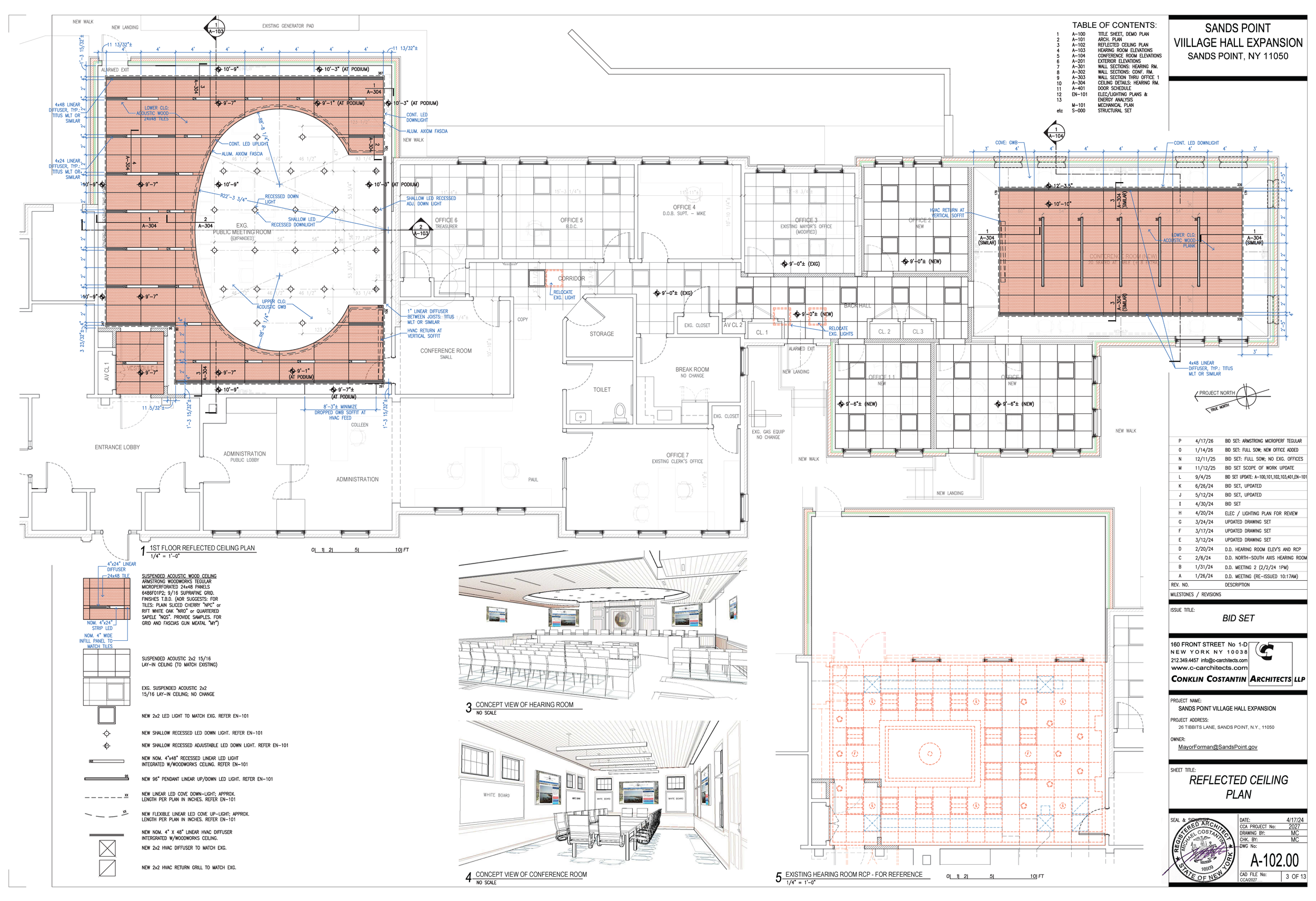 Architectural reflected ceiling plan of Sands Point Village Hall expansion, showing floor plans, ceiling plans, section views, and details for the project located in Sands Point, NY, including rooms, lighting, and construction notes.