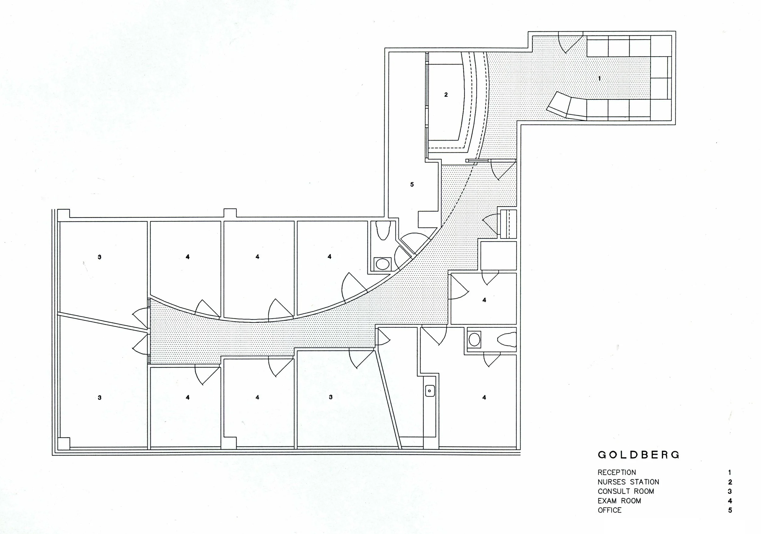 Architectural floor plan of a medical facility, featuring rooms labeled as reception, nurses station, consult room, exam room, and office, with various doorways and interior elements.