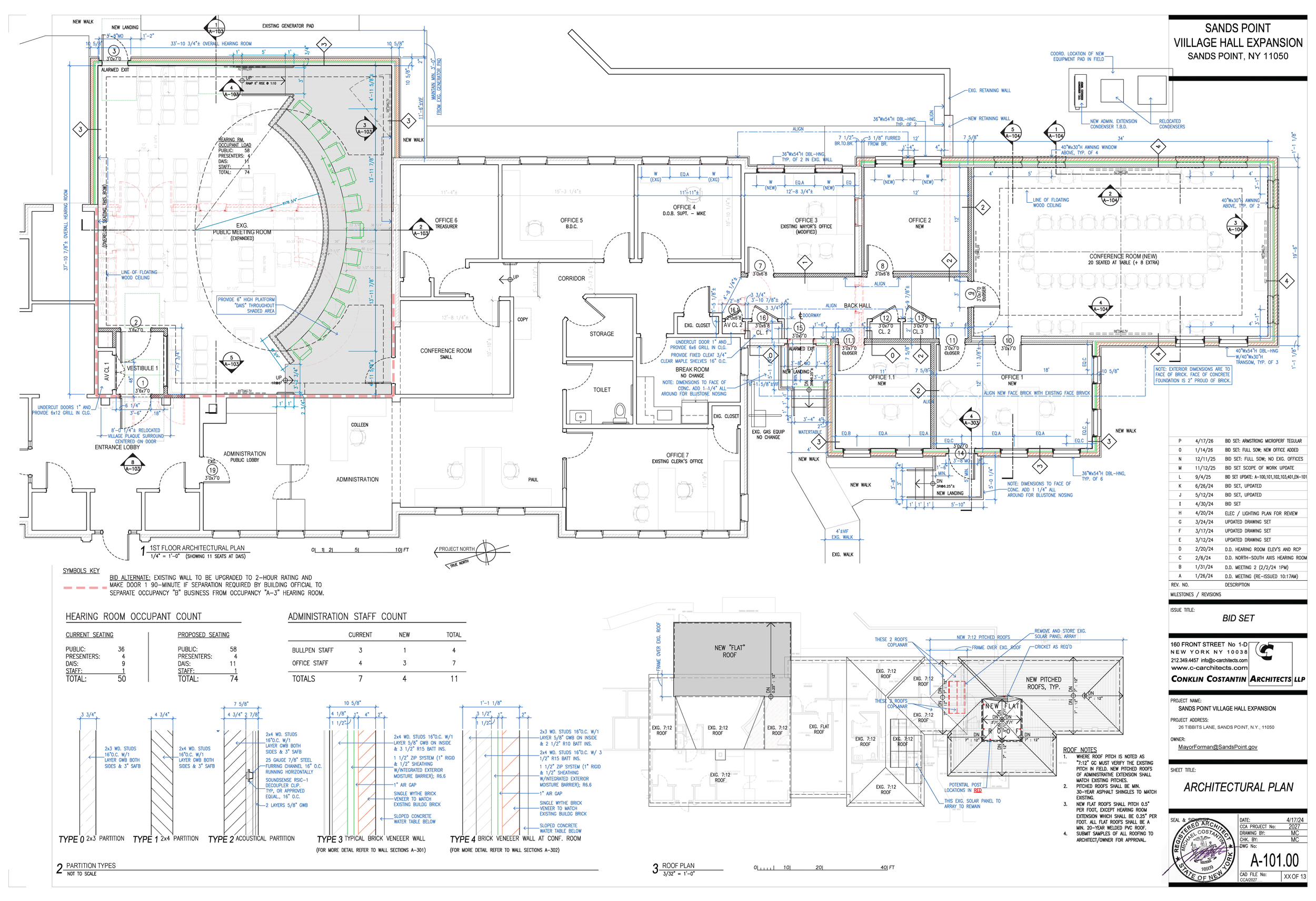 Architectural plan of the village hall expansion, labeled with rooms, measurements, and construction details for the Sands Point Village Hall Expansion in Sands Point, NY.
