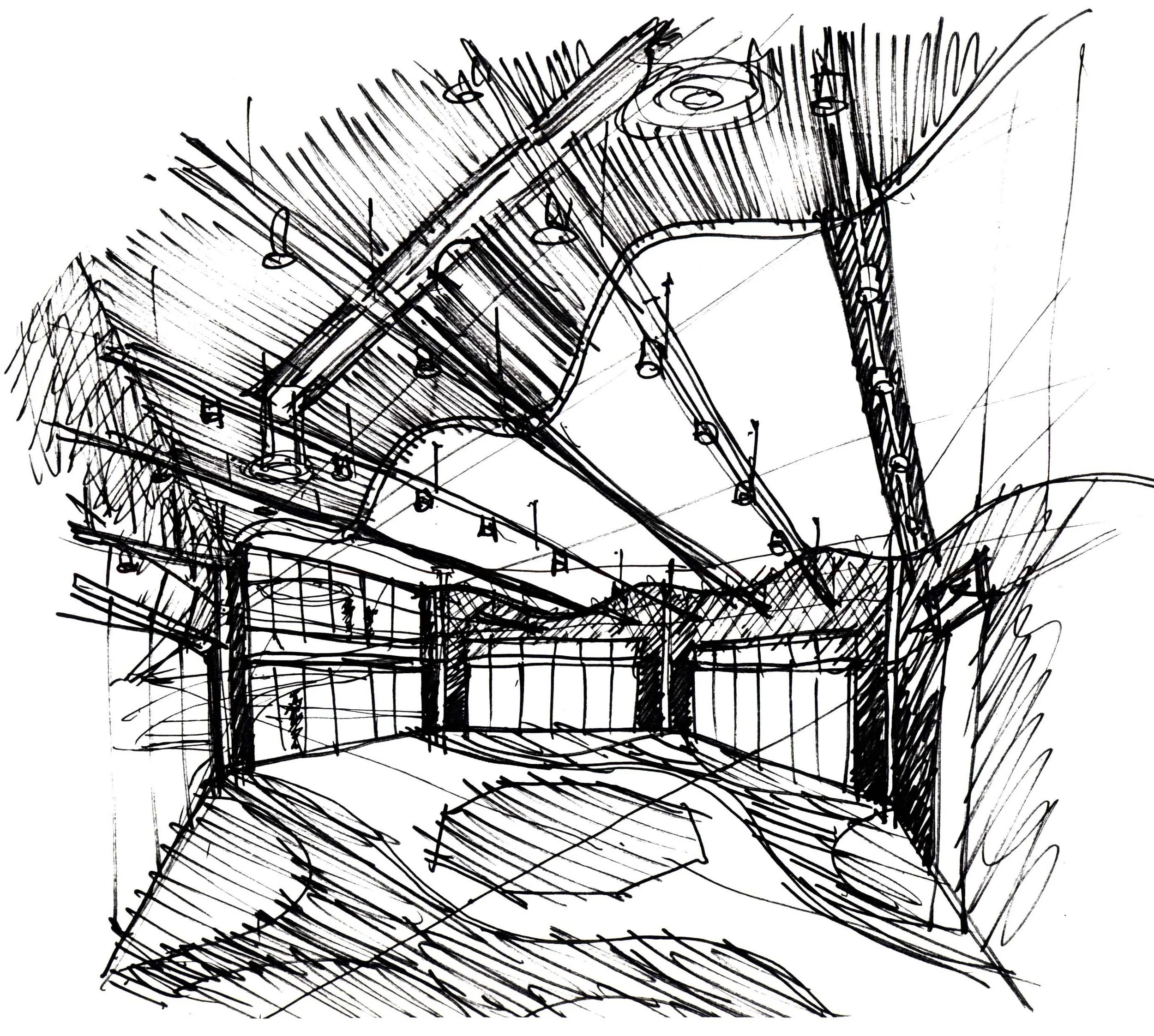 Sketch alternative view of the ballroom with exposed supports, hvac systems, and lighting fixtures.