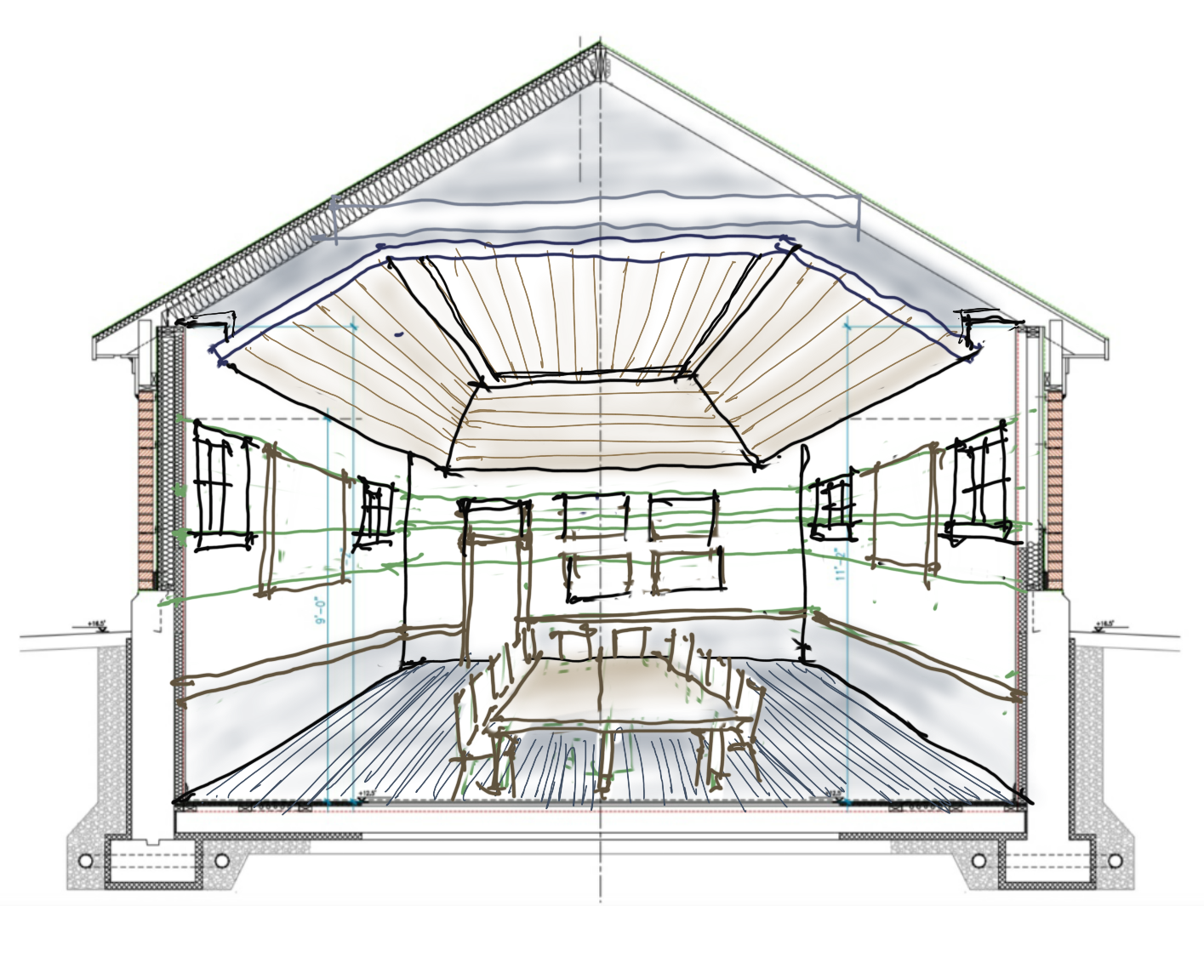 Architectural sketch of a conference room interior showing a central table, seating, and shelving units, with a pitched roof and detailed structural elements.