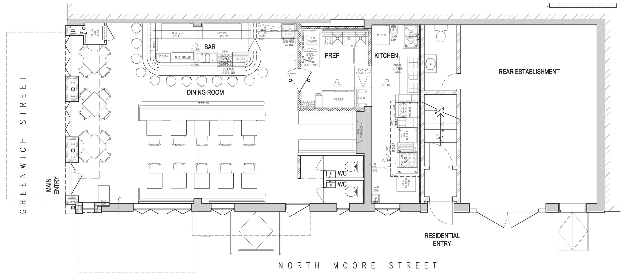 Architectural floor plan of a restaurant and bar, showing layout of main entry, dining room, bar, prep area, kitchen, restrooms, and rear storage area.