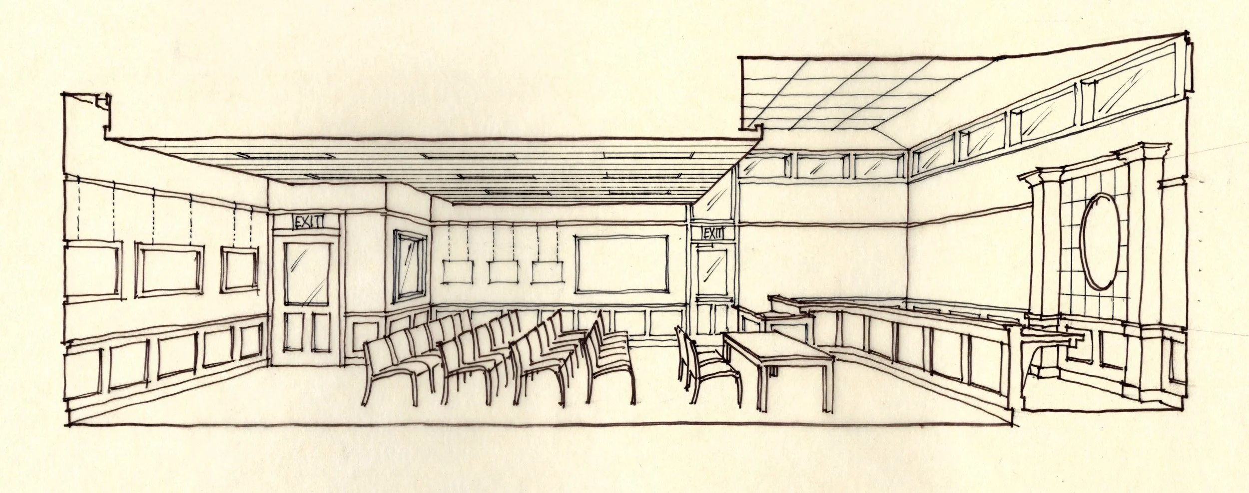 Sketch of hearing room interior with chairs along the walls, doors marked 'EXIT', and a podium area on the right with framed village shield on the wall.