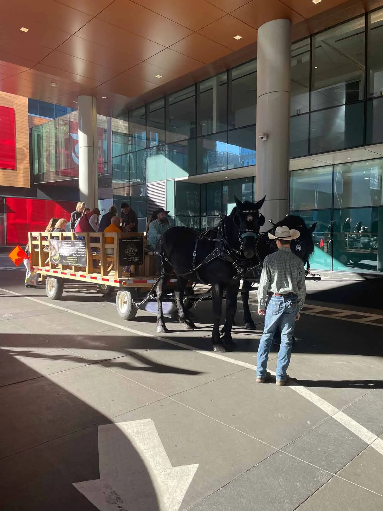 People riding a horse-drawn carriage with two black horses, parked outside a modern building with glass windows.
