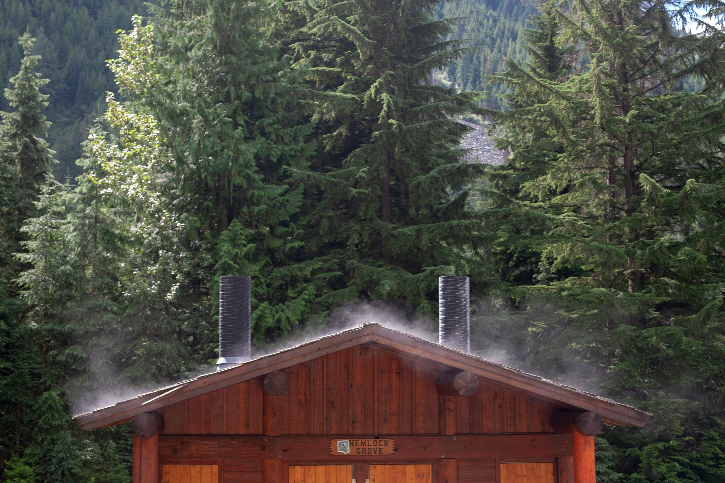 A wooden cabin with two black chimneys emitting smoke, surrounded by dense green pine trees.