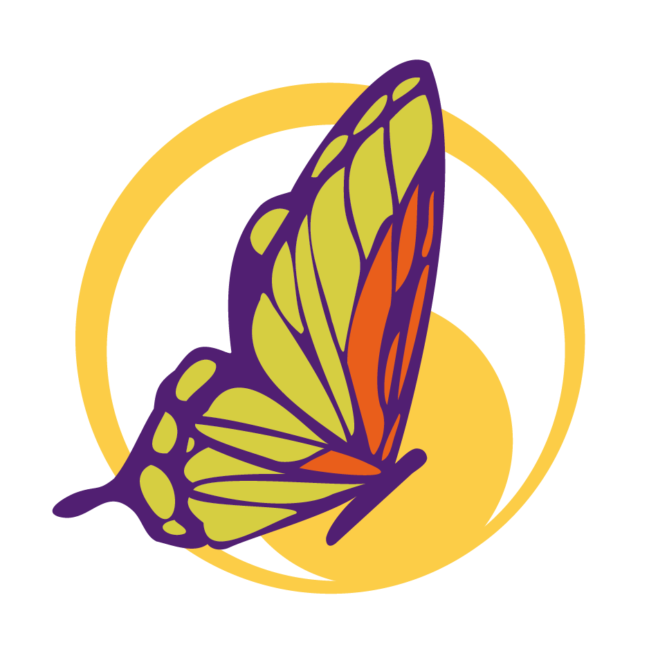 LUCE logo which is a chartreuse, pink, and purple butterfly side profile in front of yellow circles