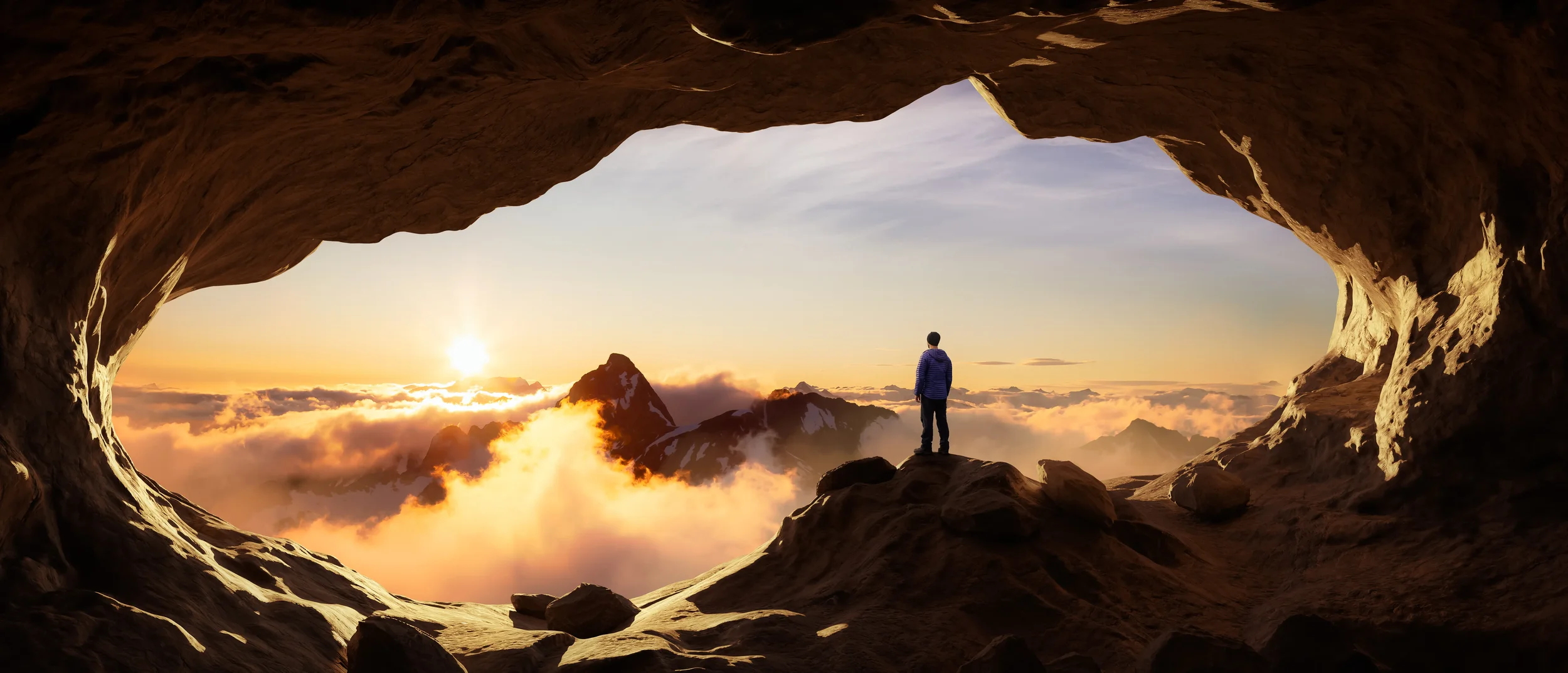 A lone figure stands at the mouth of a cave overlooking a vast mountain landscape bathed in golden sunrise light, illustrating the theme of gaining perspective and clarity before committing to design solutions in John Dyson's value landscape blog