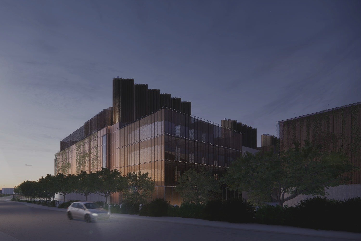 Data centre design by Bryden Wood, Wexham Road night time