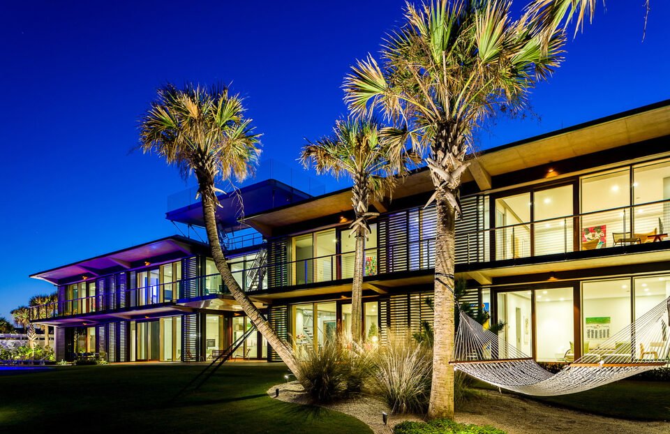 Beach Shack – ocean-side elevation at dusk