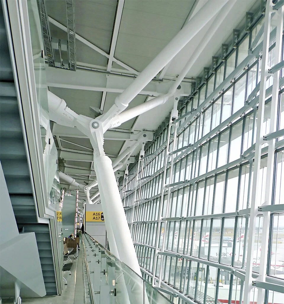 Heathrow Terminal 5 — Pier Interior with Branching Steel Nodes and Glazed Facade