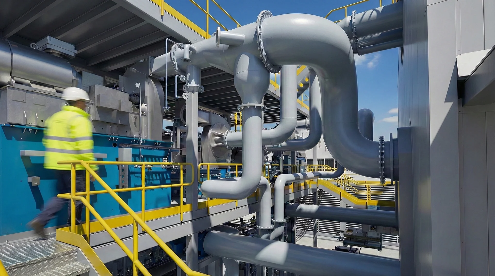 A worker in a high-visibility jacket and hard hat ascends yellow-railed steel stairs alongside large-diameter grey pipework and process equipment at an outdoor industrial facility under a clear blue sky