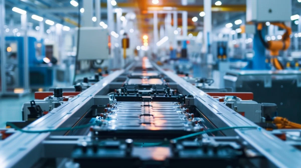 Automated EV battery module assembly line in a high-tech gigafactory, showing the linear production process that drives the spatial and structural requirements of battery plant design