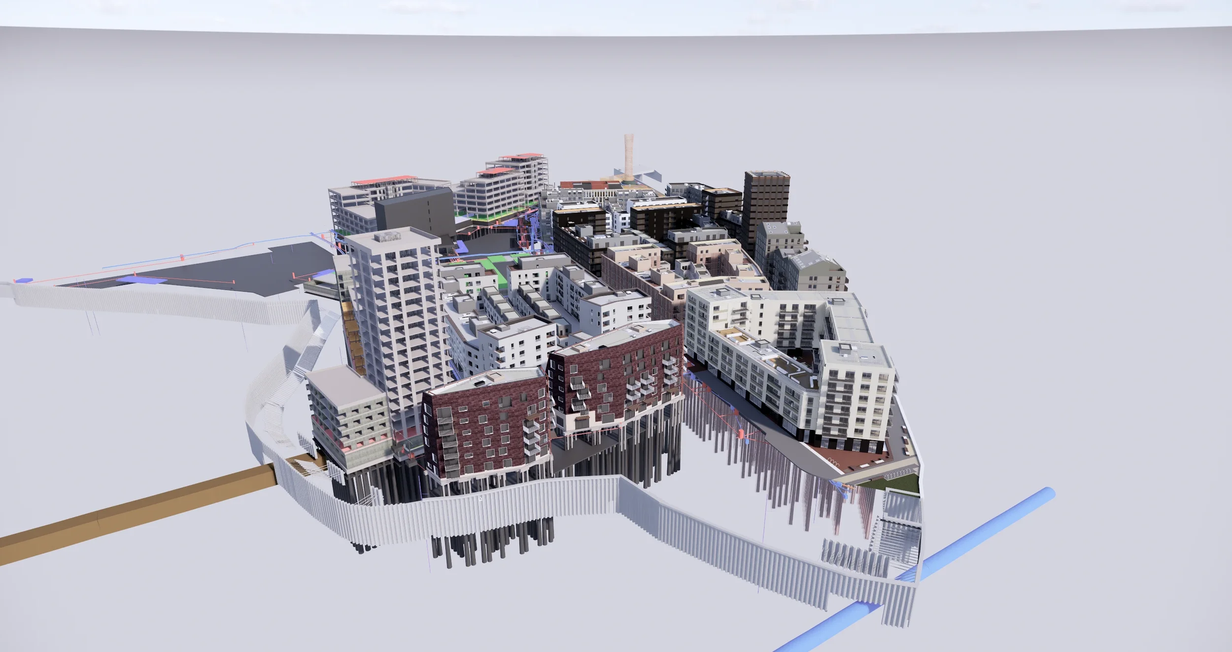 BIM model showing integrated below-ground civil engineering and urban masterplan — civil engineering by Bryden Wood