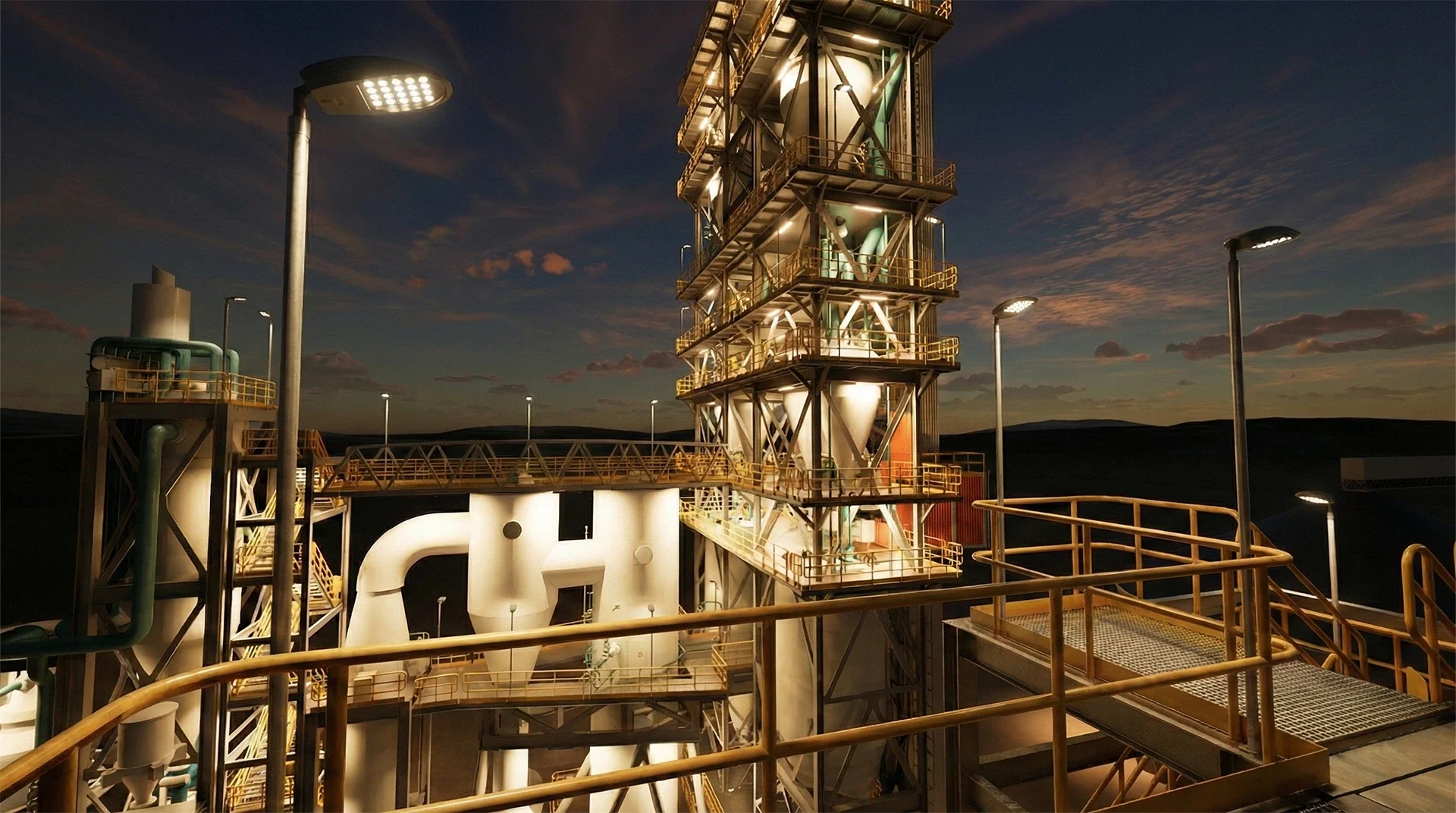 Industrial Process Facility — Illustrative CGI at Dusk.