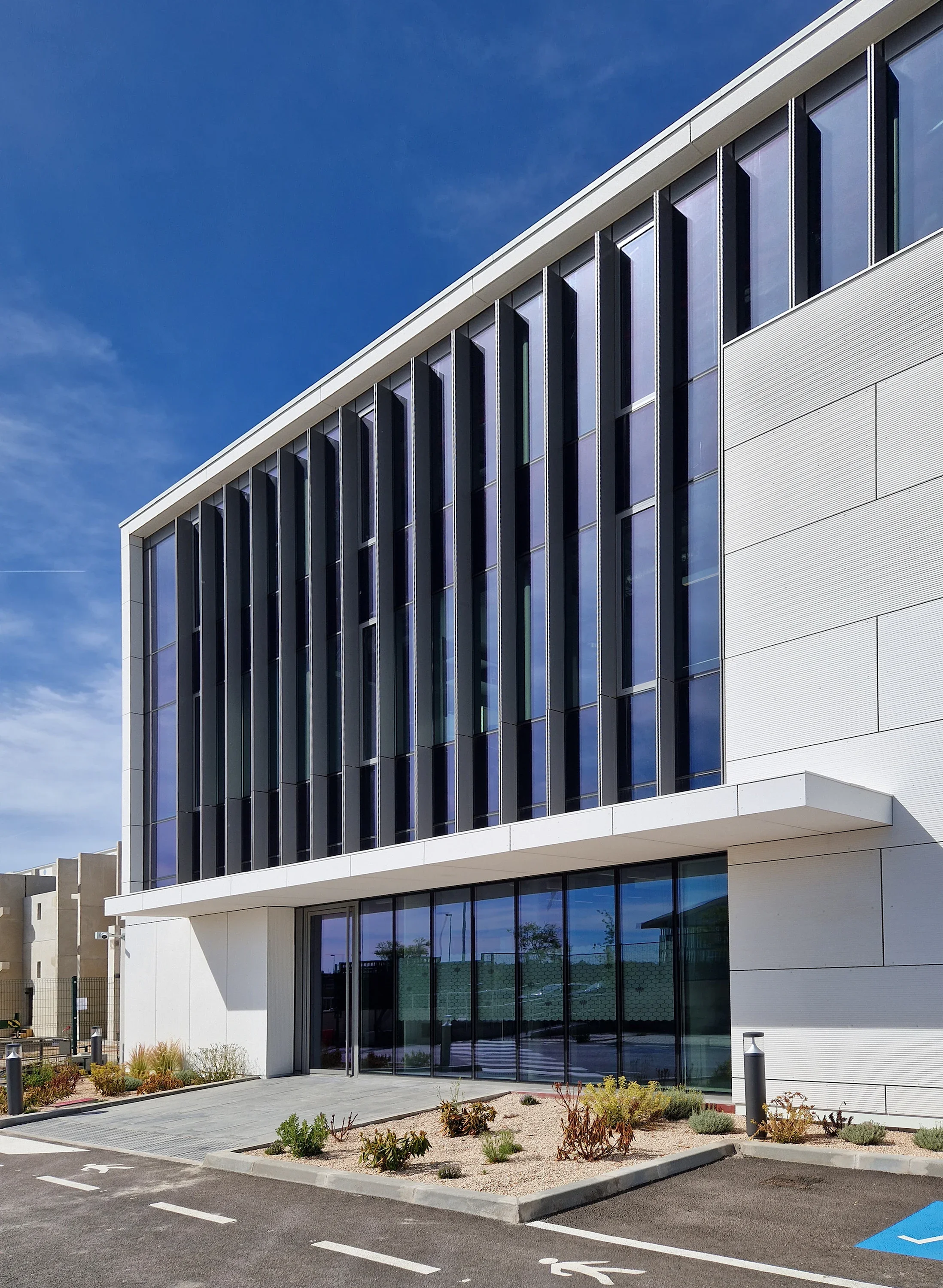 Exterior entrance photo of Madrid data centre campus MD3 by Bryden Wood