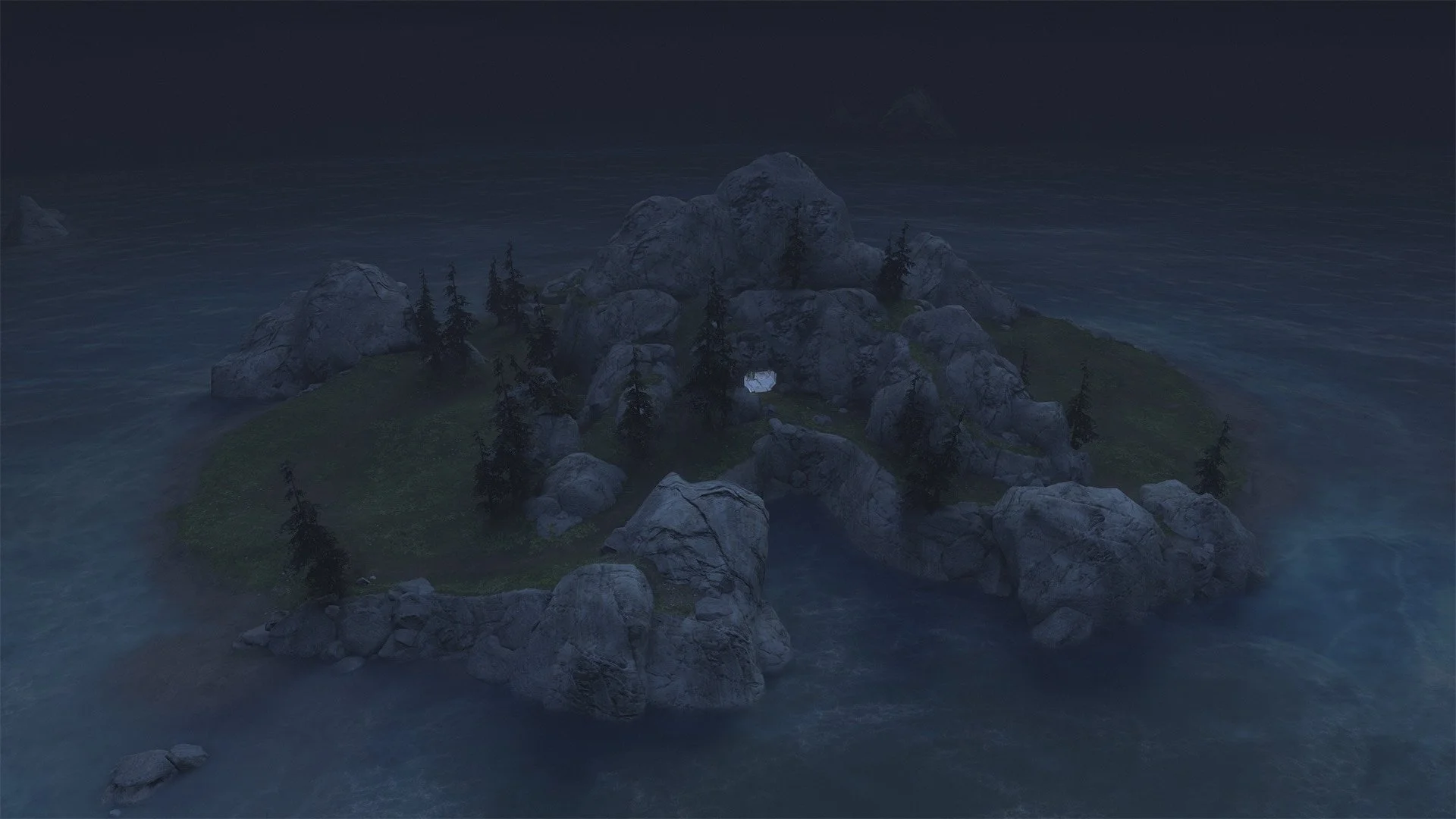 Forge World but at night, a gentle blue glow over the landscape.