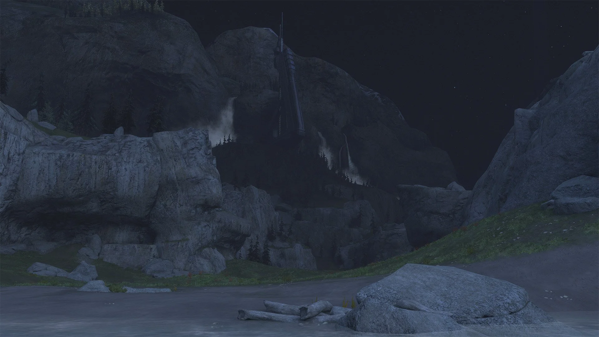 Forge World but at night, a gentle blue glow over the landscape.