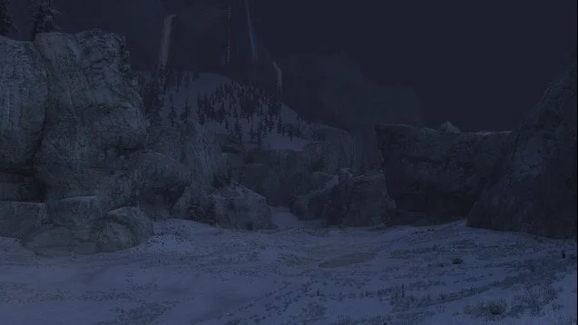 Forge World, but with a thick blanket of snow, and the ocean replaced by ice, at night, a blue glow over the world.