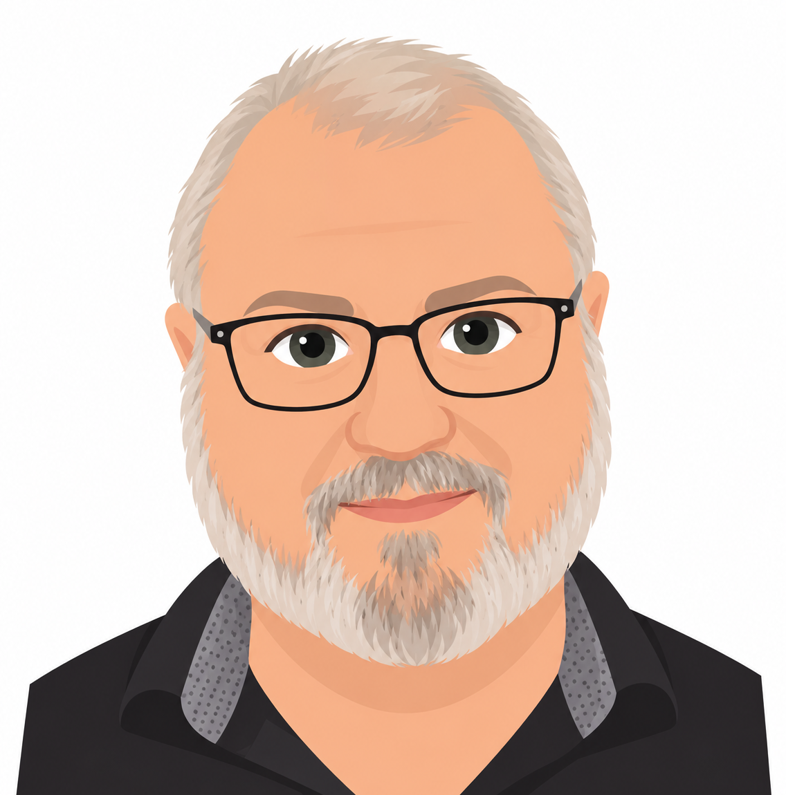 Digital illustration of a middle-aged man with gray hair, beard, and glasses, wearing a black shirt.