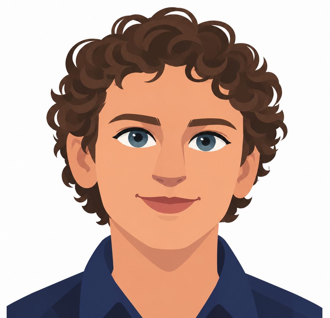 Digital portrait of a young person with curly brown hair, light skin, blue eyes, wearing a dark blue collared shirt, smiling with a neutral background.