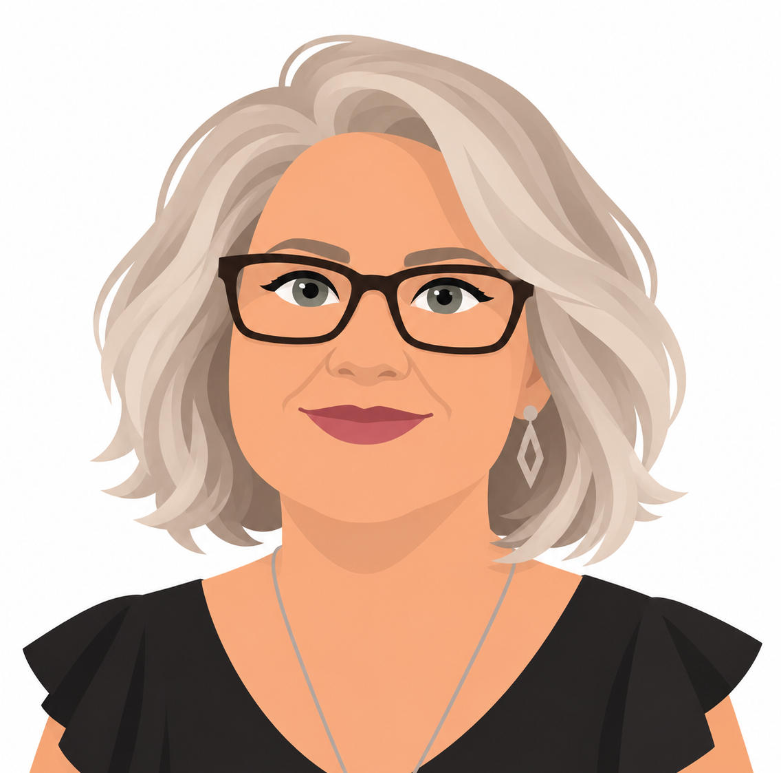 Digital illustration of a woman with gray shoulder-length hair, black glasses, earrings, and a black top.
