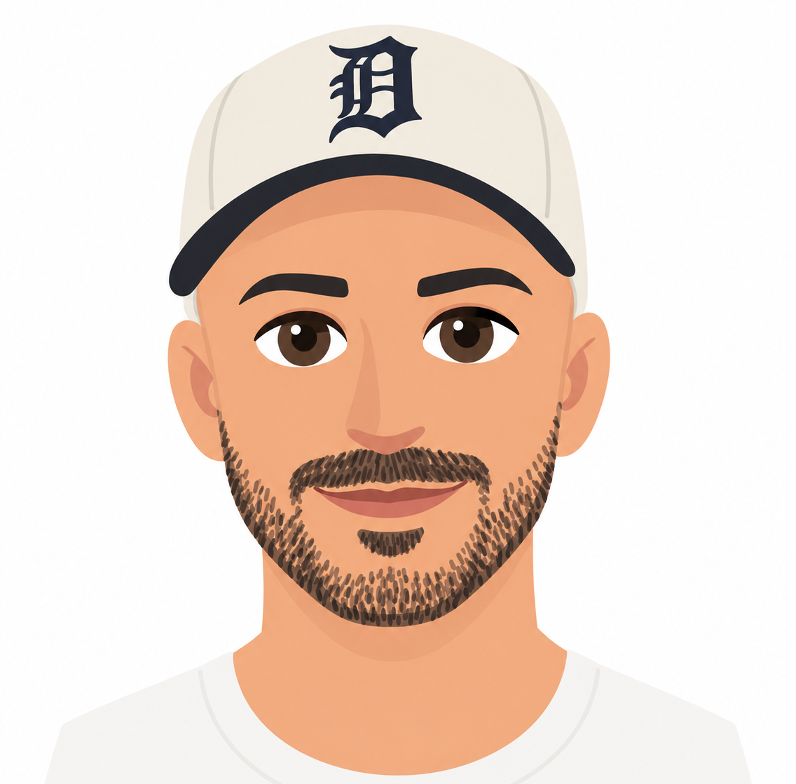 Illustration of a man wearing a baseball cap with a 'D' logo, beard, and smiling, white background.