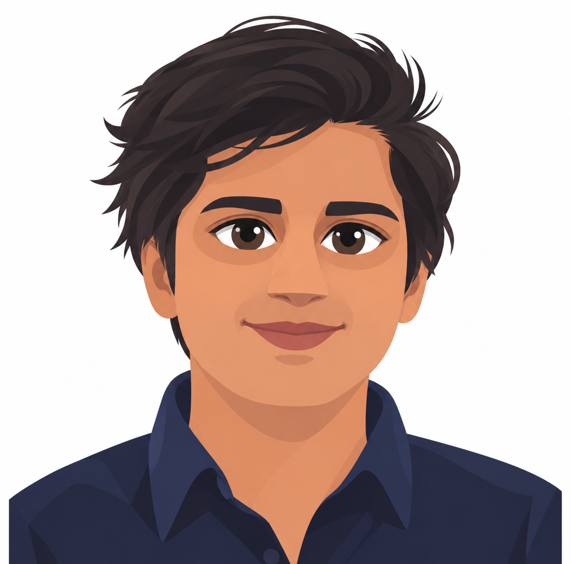 Digital illustration of a young person with short, dark, tousled hair, brown eyes, and a friendly smile, wearing a dark shirt.