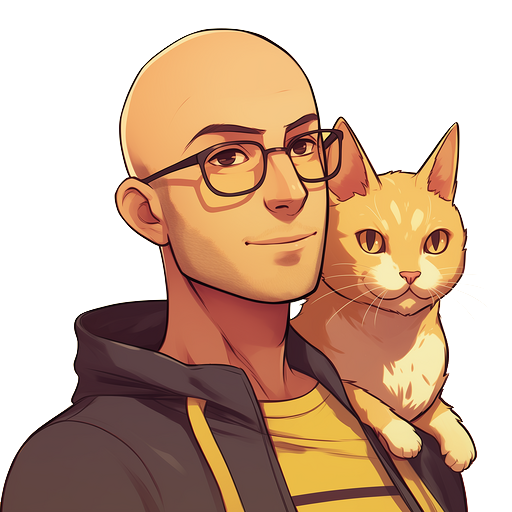 A digital illustration of a bald man wearing glasses and a dark jacket, with a ginger cat on his shoulder.