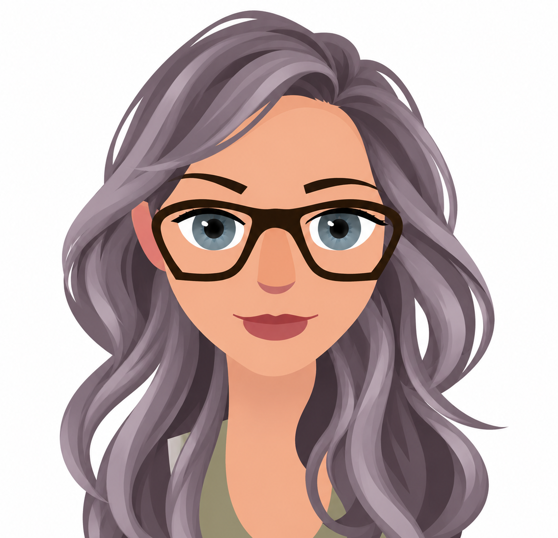 Digital cartoon portrait of a woman with long wavy gray hair, wearing black-rimmed glasses, and an olive green top.