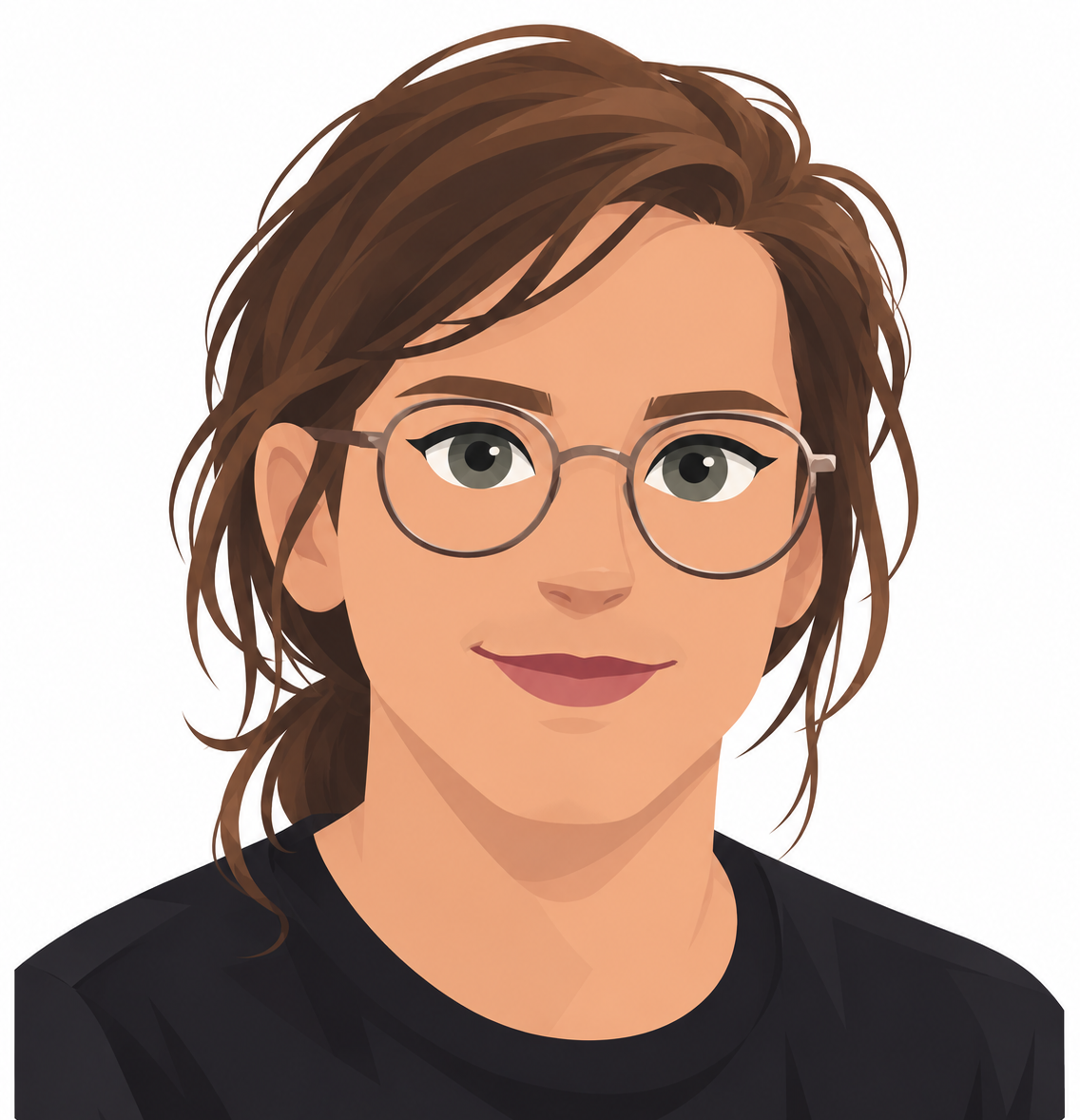 Digital illustration of a woman with brown hair, glasses, and a black shirt, smiling at the camera.