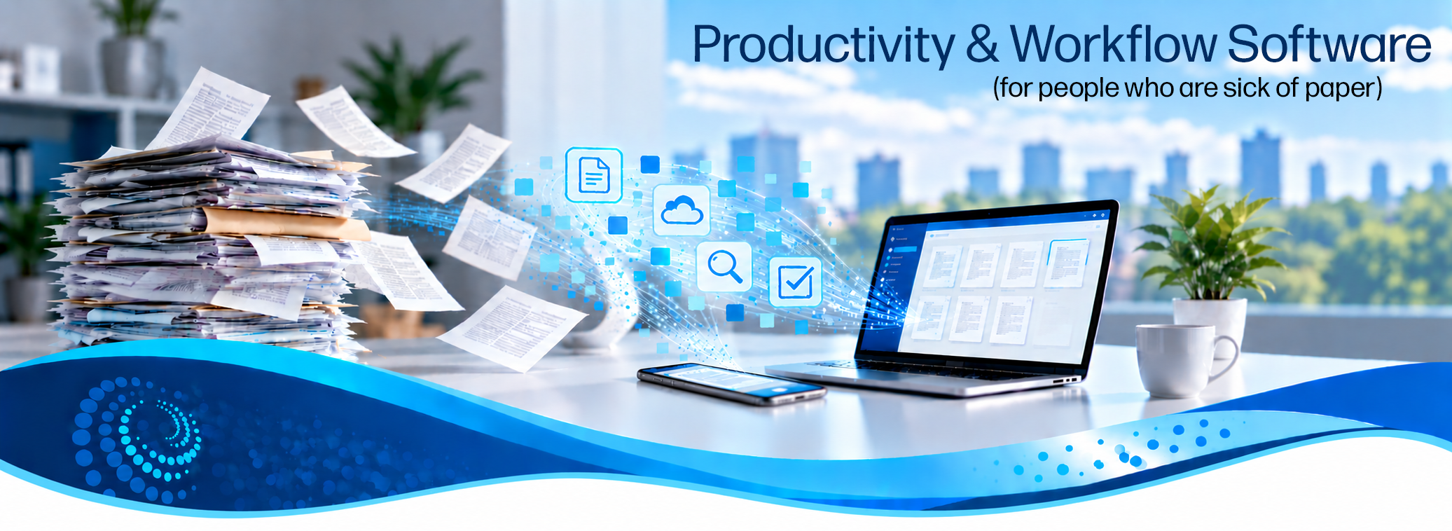 A cluttered workspace with a large stack of papers on the left and a laptop, smartphone, and coffee mug on the right. Digital icons representing cloud storage, search, and checkmark are floating from the papers to the laptop. The background shows a cityscape with high-rise buildings and a partly cloudy sky.