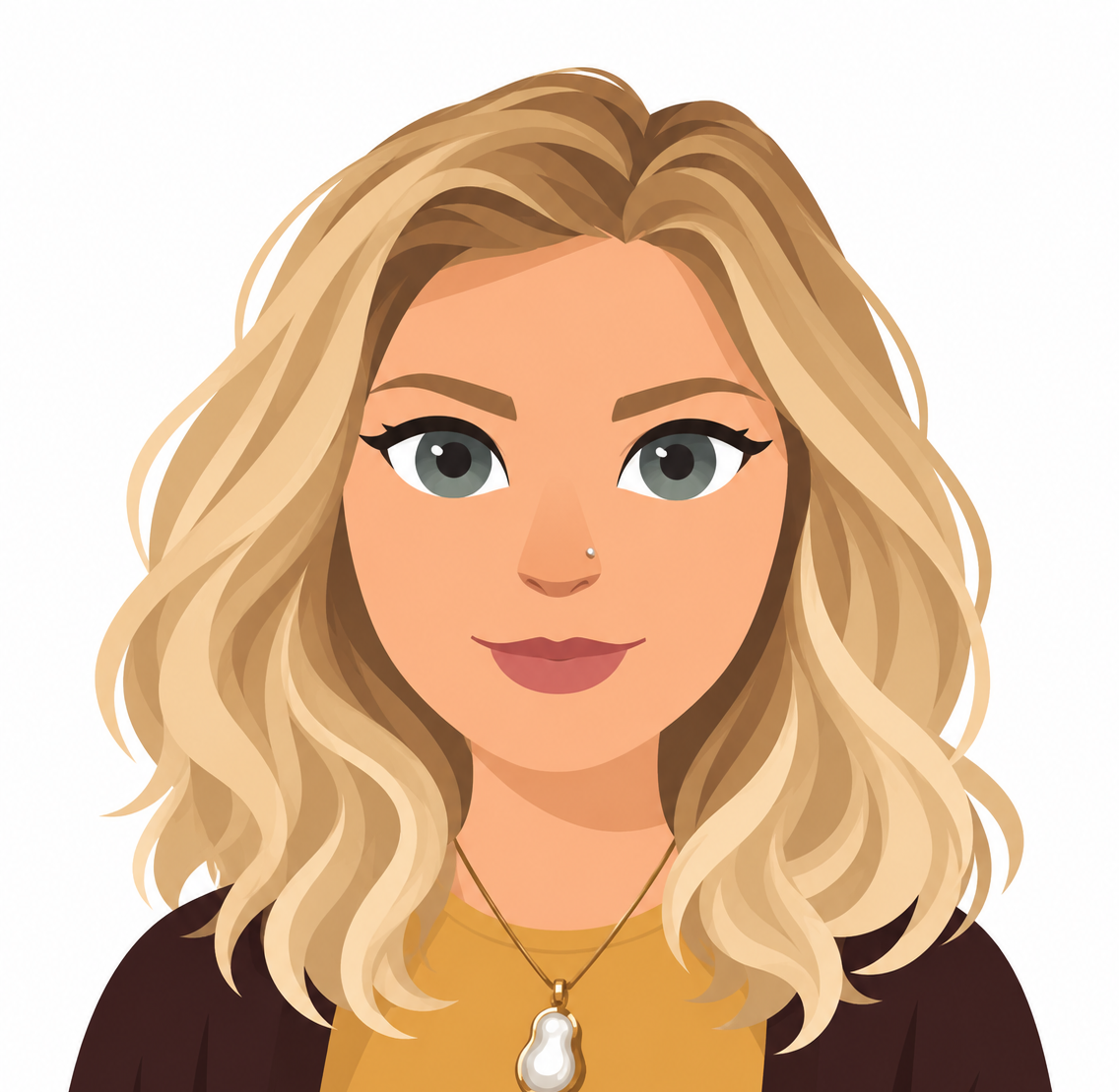 Digital illustration of a woman with wavy blonde hair, gray eyes, wearing a gold necklace with a pearl pendant, and a yellow top with a dark jacket.