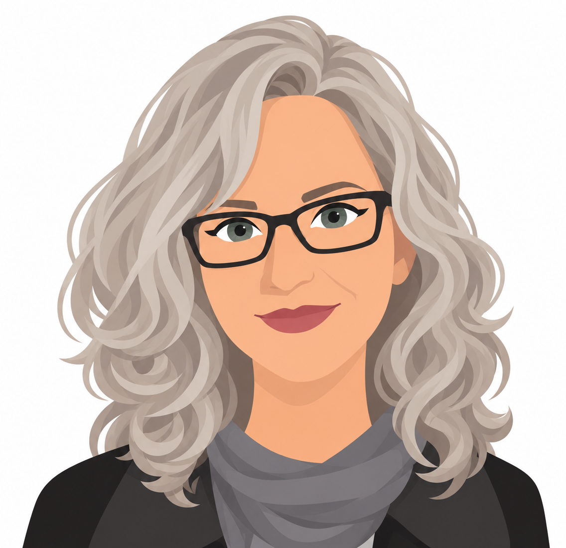 Digital illustration of a woman with curly gray hair wearing glasses and a scarf.