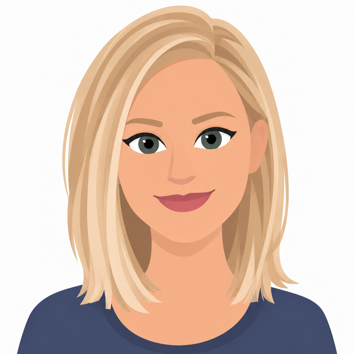 Digital illustration of a woman with shoulder-length blonde hair, light skin, gray eyes, red lipstick, wearing a navy blue top.