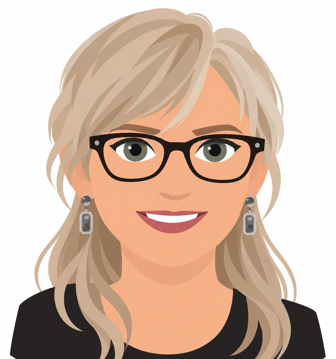 Digital illustration of a woman with blonde wavy hair, wearing black glasses, earrings, and a black top, smiling with white teeth.