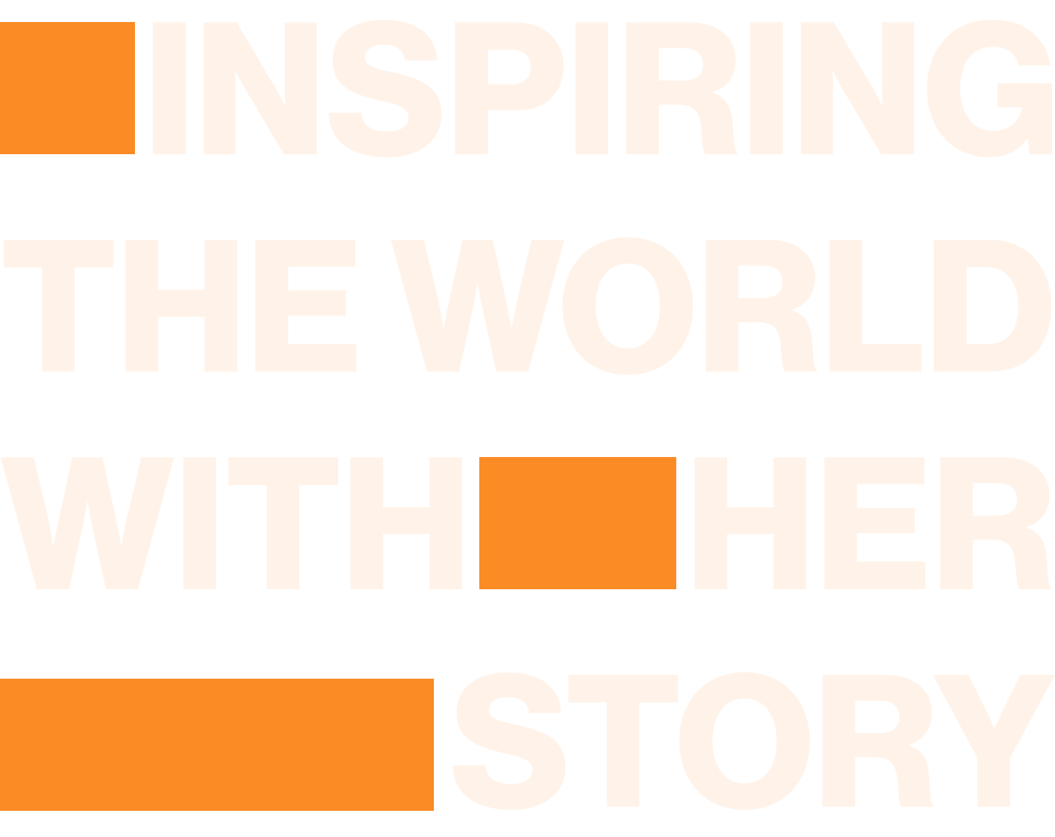 Text image reading "Inspiring the World with Her Story" with orange accents.