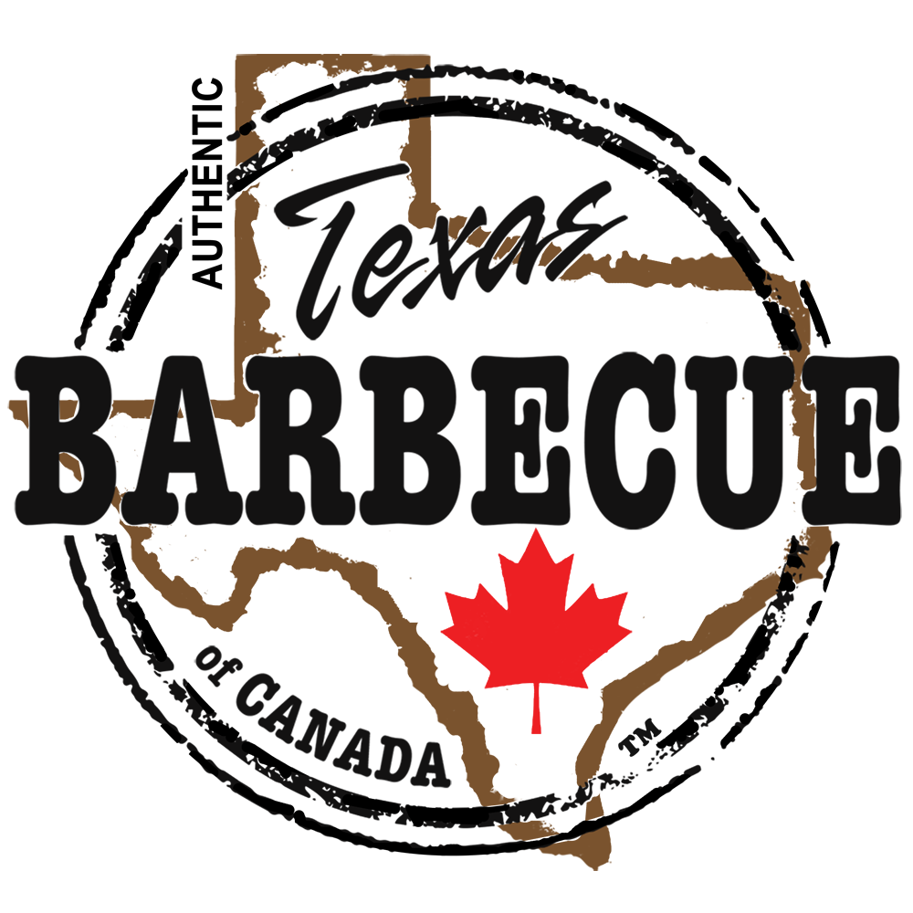 Logo for Texas Barbecue featuring a stylized map of Texas with a red maple leaf and the words 'Authentic Texas Barbecue of Canada'.