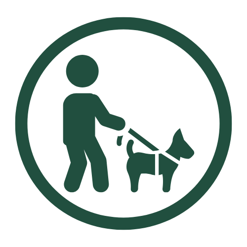 Icon of a person walking a dog on a leash, enclosed in a circle.