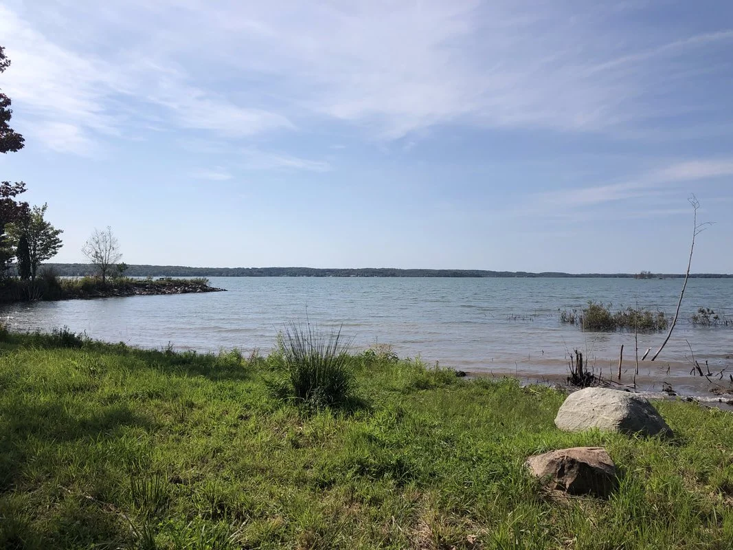 A peaceful lakeside scene with grassy shoreline, rocks, small trees, and a distant treeline under a partly cloudy sky.