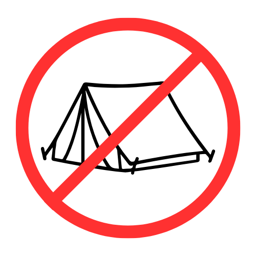 No camping or tents allowed sign with a tent crossed out in red circle and line.
