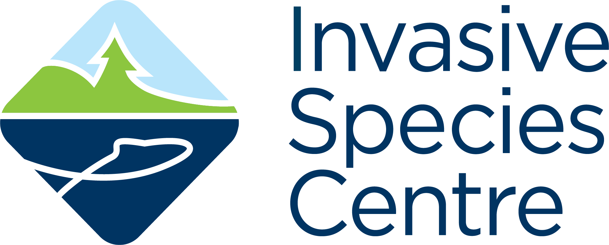 Logo for the Invasive Species Center, featuring a stylized mountain, tree, water, and land scene.