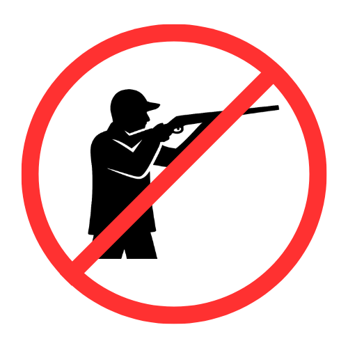 A silhouette of a person aiming a rifle inside a red circle with a slash, indicating no shooting or gun use.